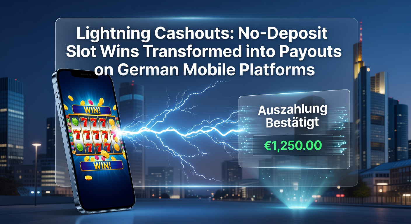 Smartphone mit Slot-App und Blitz-Cashout-Symbolik auf einem deutschen Mobile-Casino-Bildschirm, das schnelle Auszahlungen von No-Deposit-Gewinnen zeigt